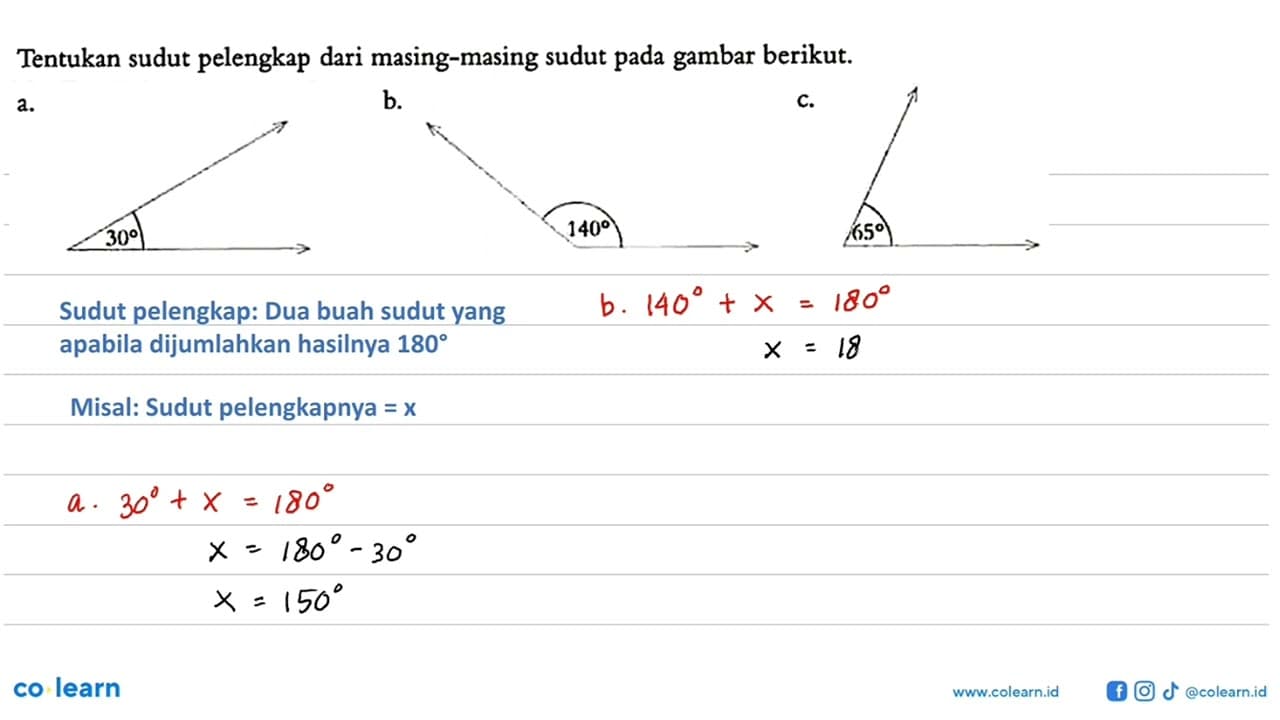 Tentukan sudut pelengkap dari masing-masing sudut pada