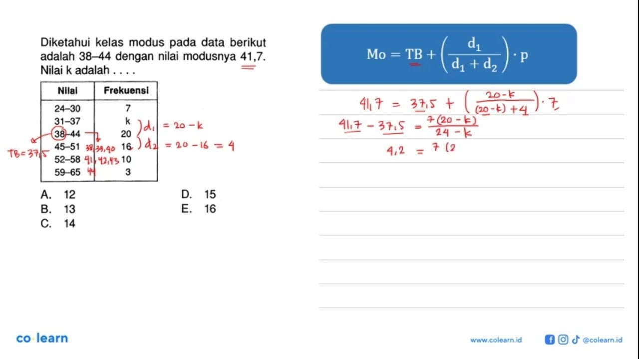 Diketahui kelas modus pada data berikut adalah 38-44 dengan