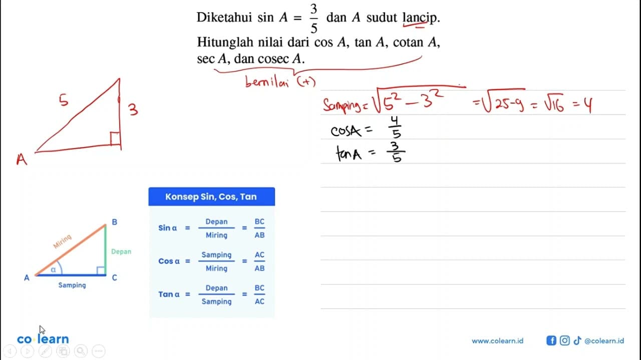 Diketahui sin A = 3/5 dan A sudut lancip. Hitunglah nilai