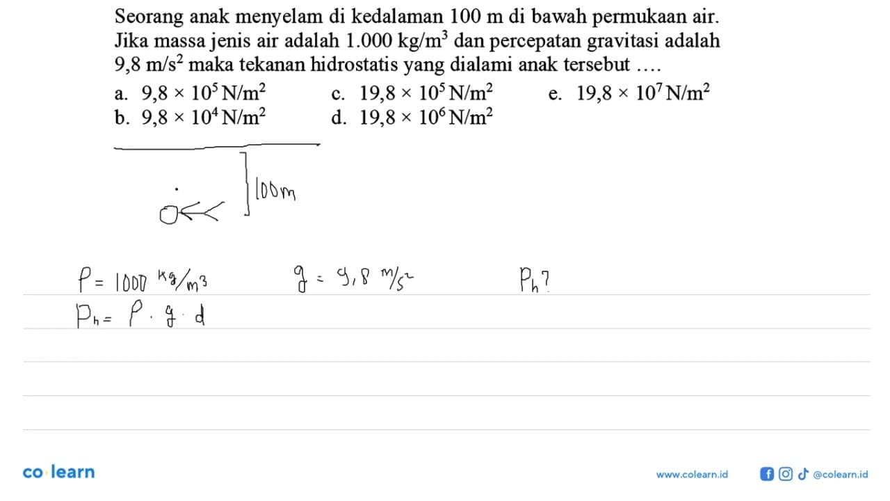 Seorang anak menyelam di kedalaman 100 m di bawah permukaan