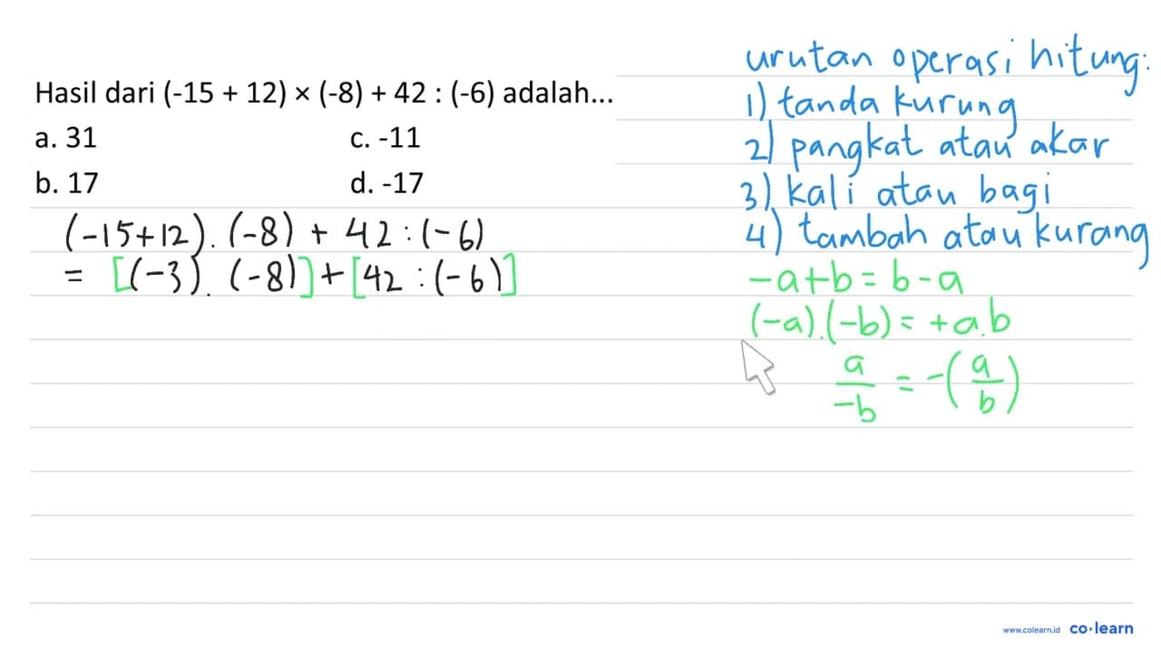 Hasil dari (-15+12) x(-8)+42:(-6) adalah... a. 31 C. -11 b.