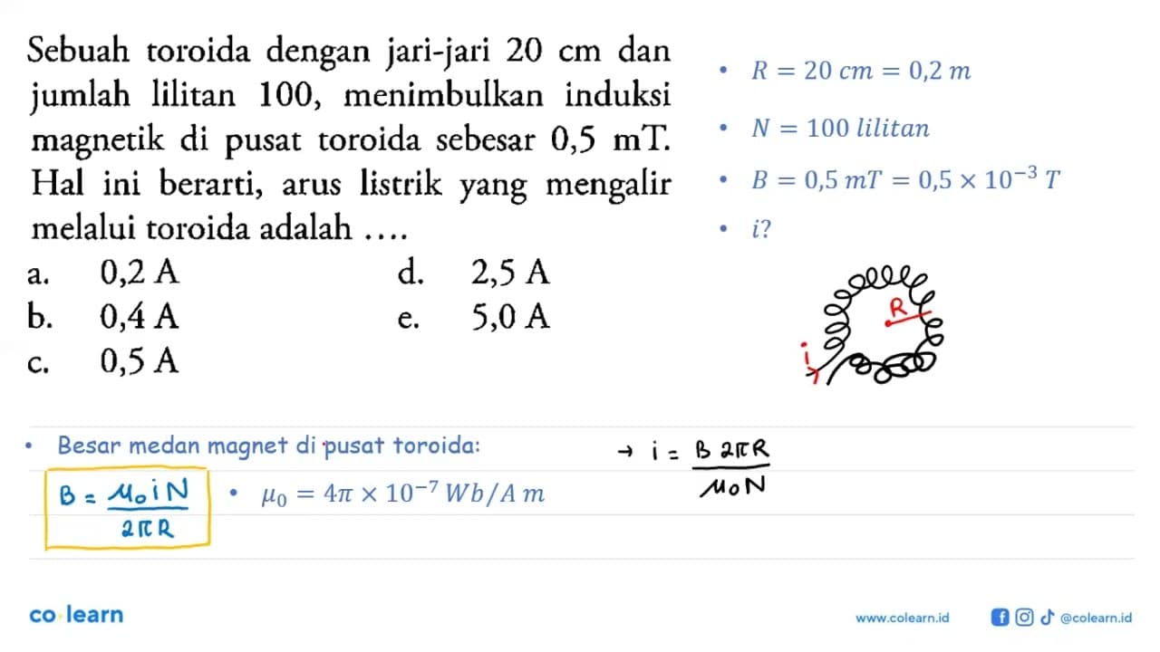 Sebuah toroida dengan jari-jari 20 cm dan jumlah lilitan
