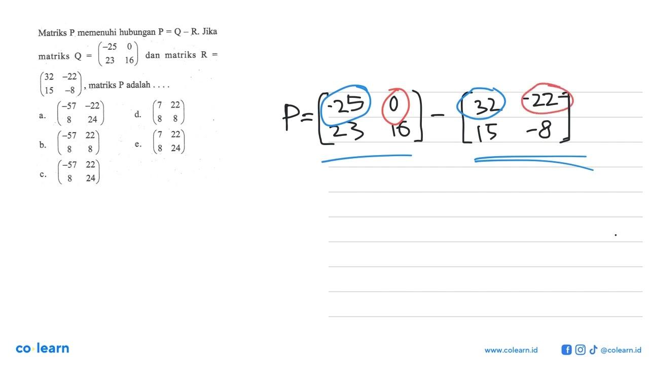 Matriks P memenuhi hubungan P=Q-R. Jika matriks Q=(-25 0 23