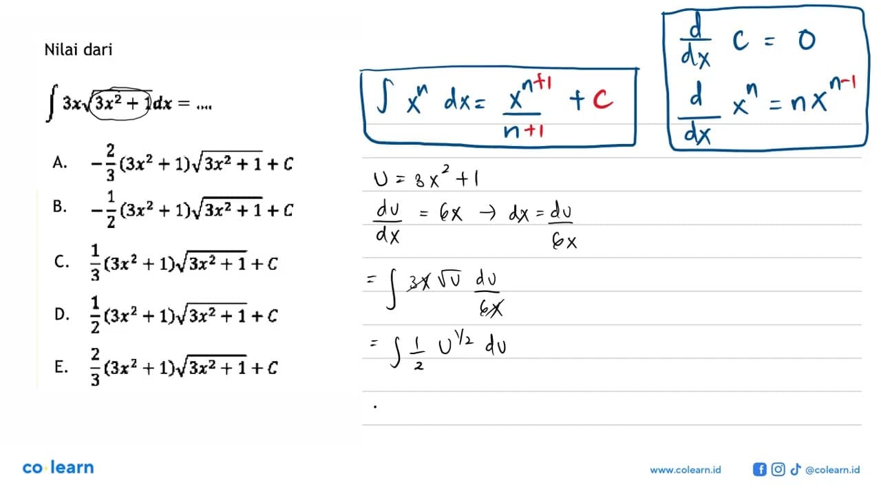 Nilai dari integral 3x akar(3x^2+1) dx=....