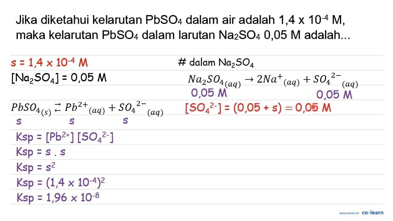 Jika diketahui kelarutan PbSO_(4) dalam air adalah 1,4 x