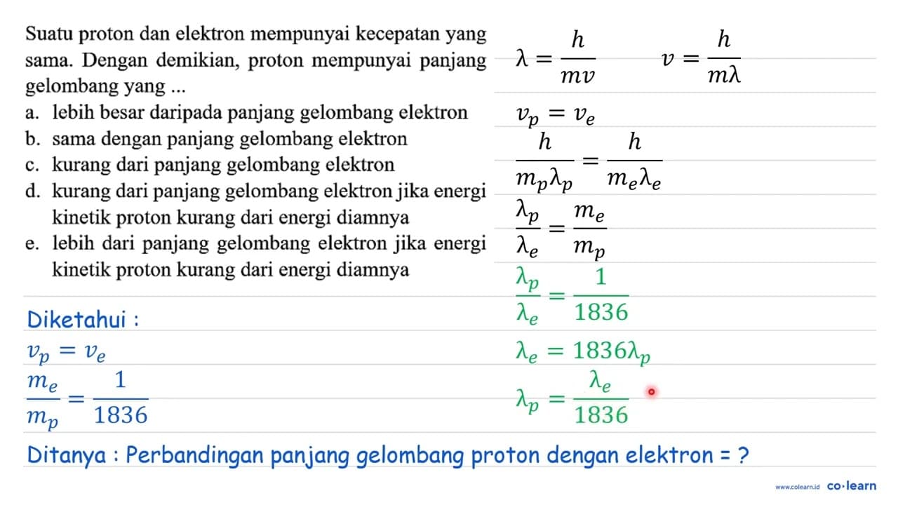 Suatu proton dan elektron mempunyai kecepatan yang sama.