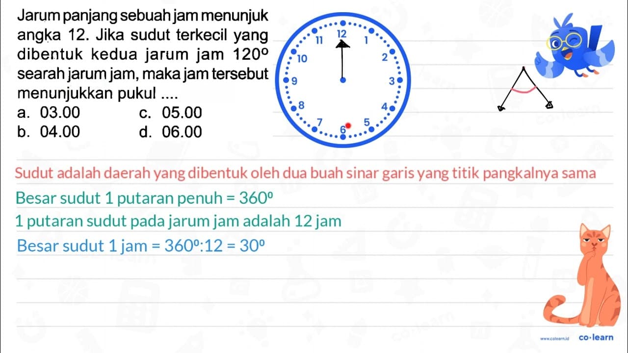 Jarum panjang sebuah jam menunjuk angka 12. Jika sudut