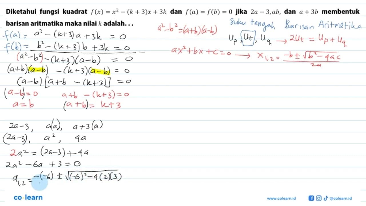 Diketahui fungsi kuadrat f(x)=x^2-(k+3)x+3k dan f(a)=f(b)=0