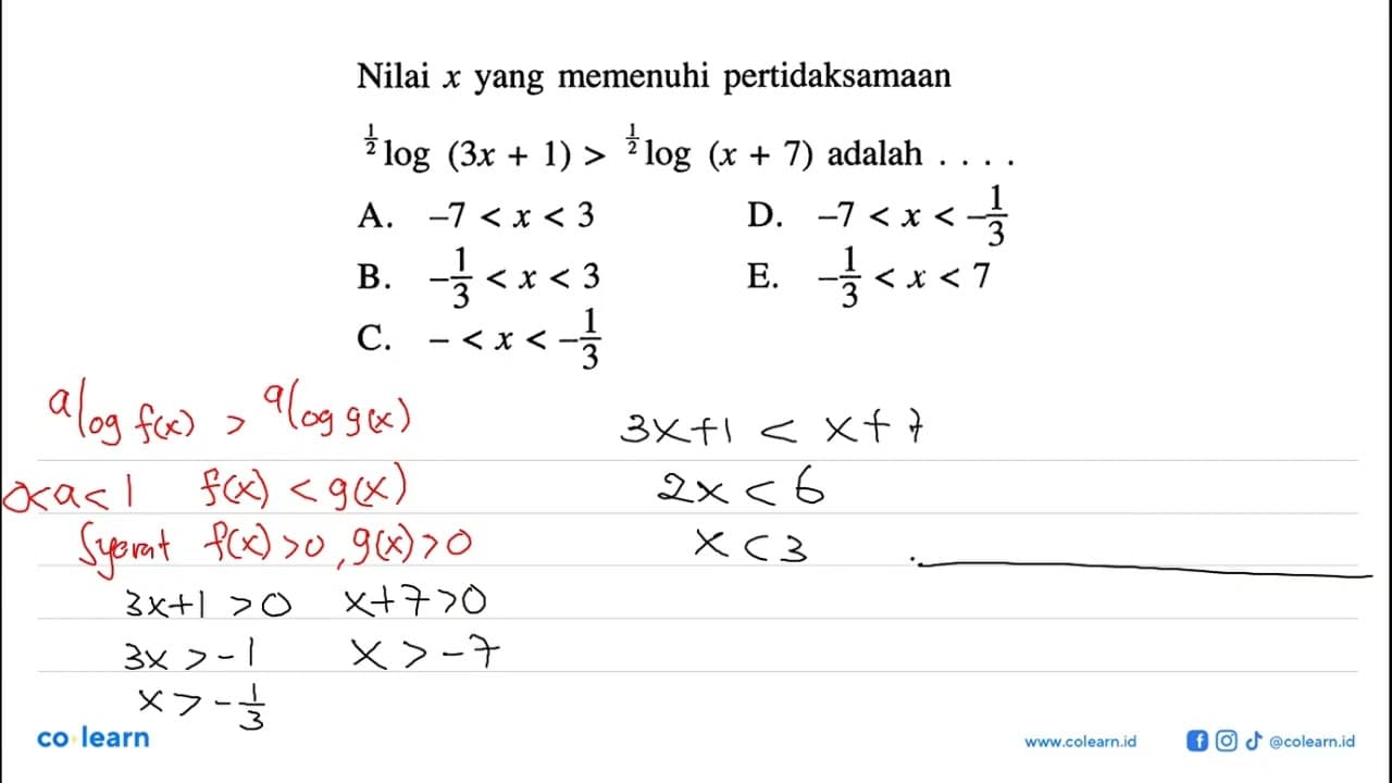 Nilai x yang memenuhi pertidaksamaan 1/2 log(2x+1)>1/2 log