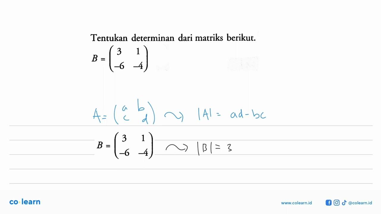 Tentukan determinan dari matriks berikut. B=(3 1 -6 -4)