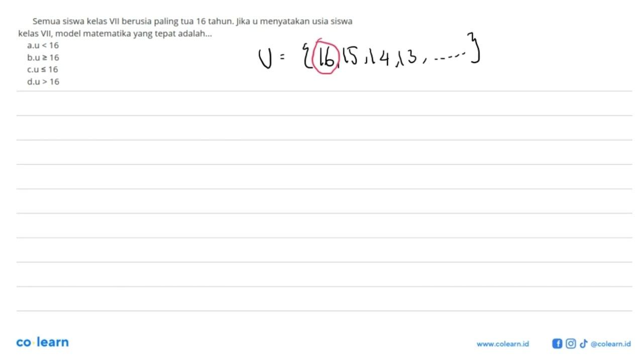 Semua siswa kelas VII berusia paling tua 16 tahun. Jika u