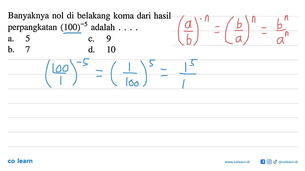 Banyaknya nol di belakang koma dari hasil perpangkatan