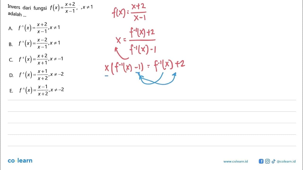 Invers dari fungsi f(x)=(x+2)/(x-1), x=/=1 adalah ...