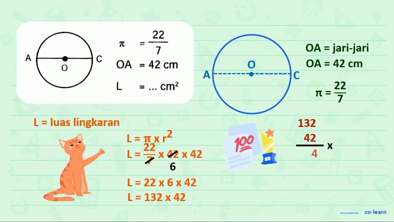 A O C pi = 22/7 OA = 42 cm L = ... cm^2