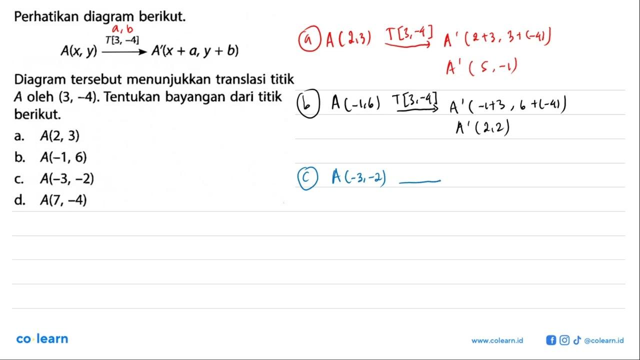 Perhatikan diagram berikut. A(x, y) T[3,-4]-> A'(x+a, y+b)