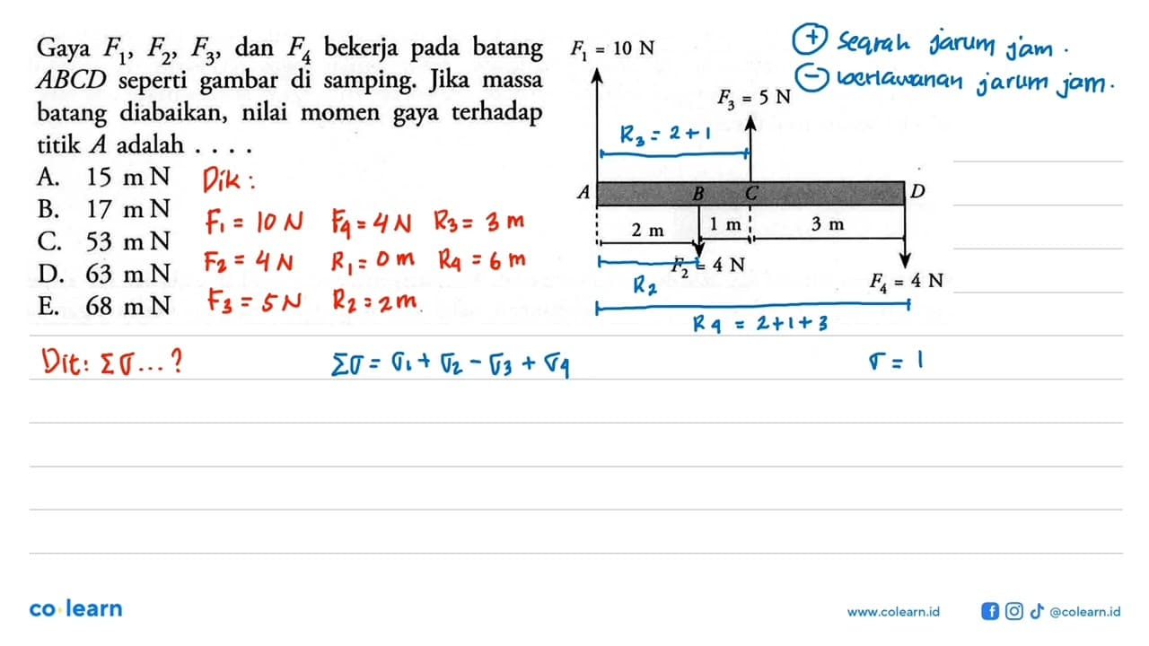 Gaya F1 , F2 , F3 , dan F4 bekerja pada batang ABCD seperti