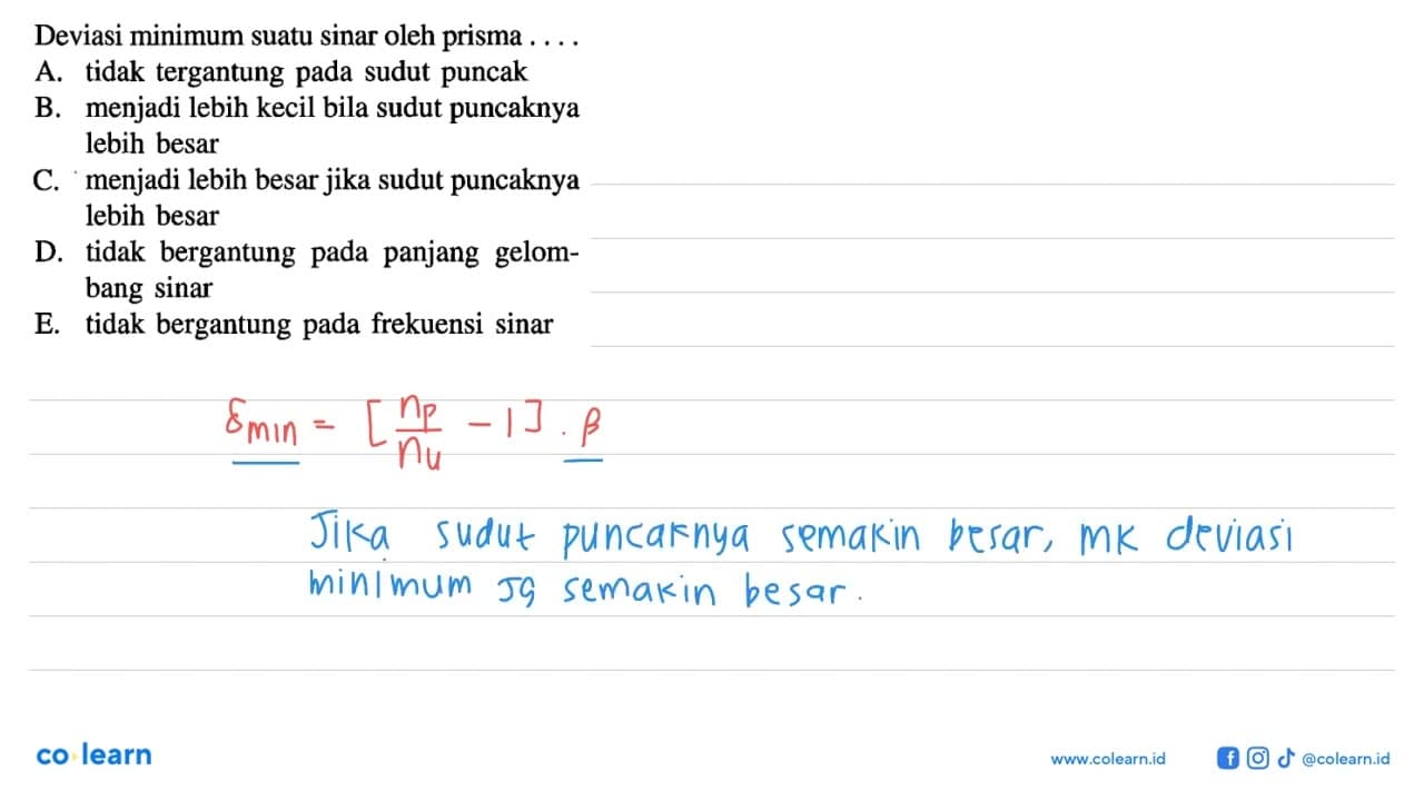 Deviasi minimum suatu sinar oleh prisma ....A. tidak