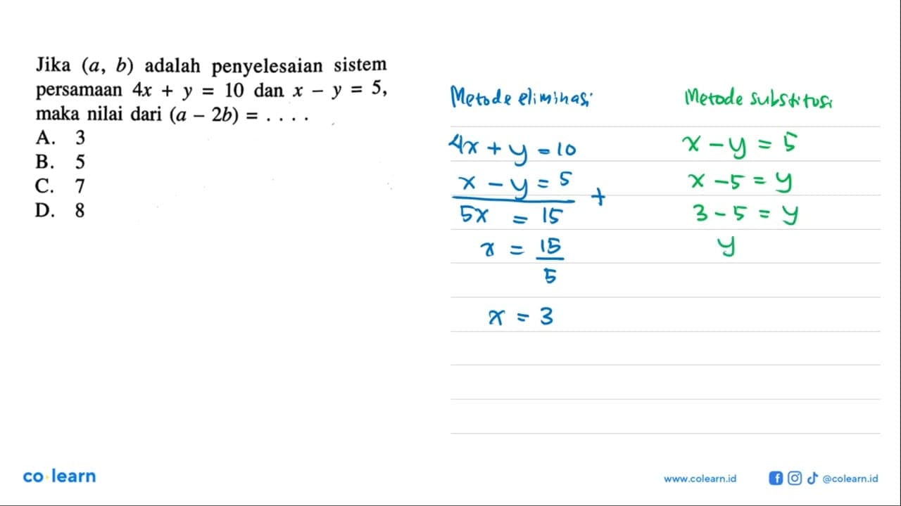 Jika (a, b) adalah penyelesaian sistem persamaan 4x + y =