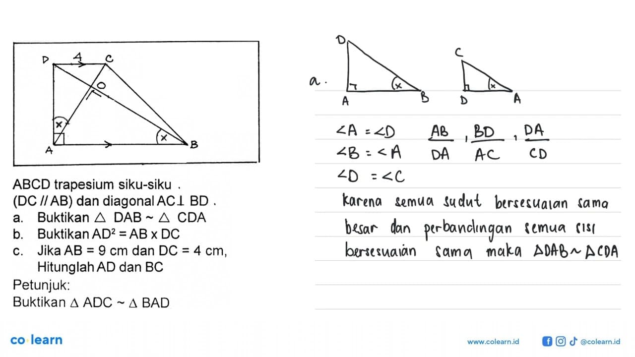 ABCD trapesium siku-siku. (DC // AB) dan diagonal AC tegak