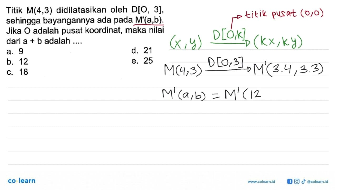 Titik M(4,3) didilatasikan oleh D[O,3], sehingga