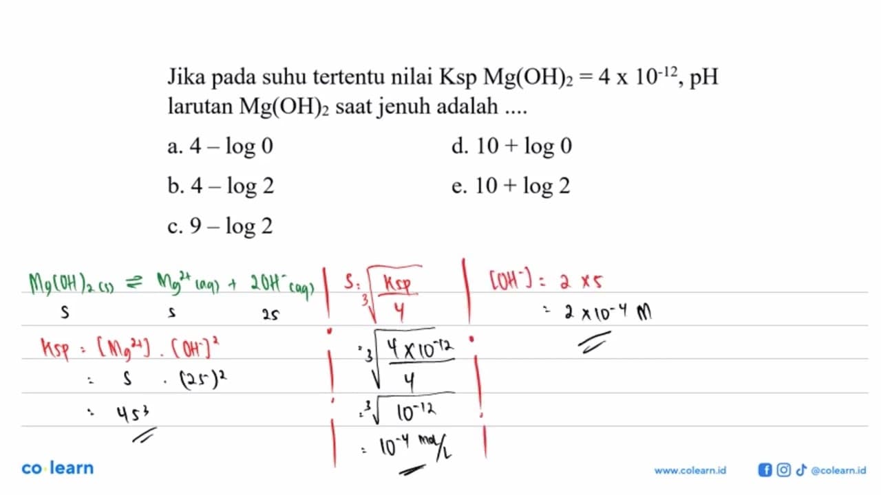 Jika pada suhu tertentu nilai Ksp Mg(OH)2=4 x 10^-12, pH