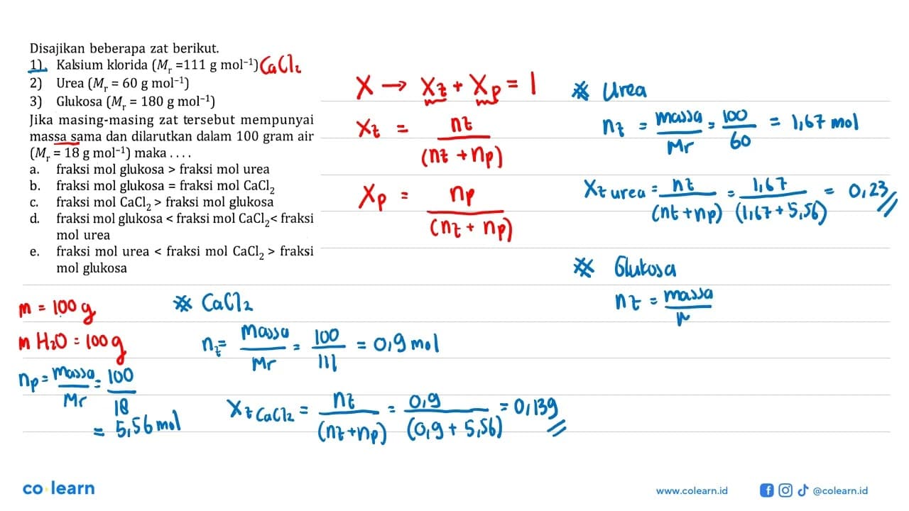 Disajikan beberapa zat berikut.1) Kalsium klorida (Mr=111 g