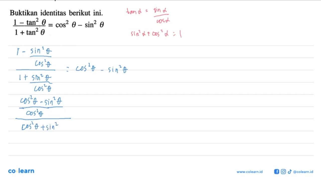 Buktikan identitas berikut ini.(1-tan^2 theta)/(1+tan^2