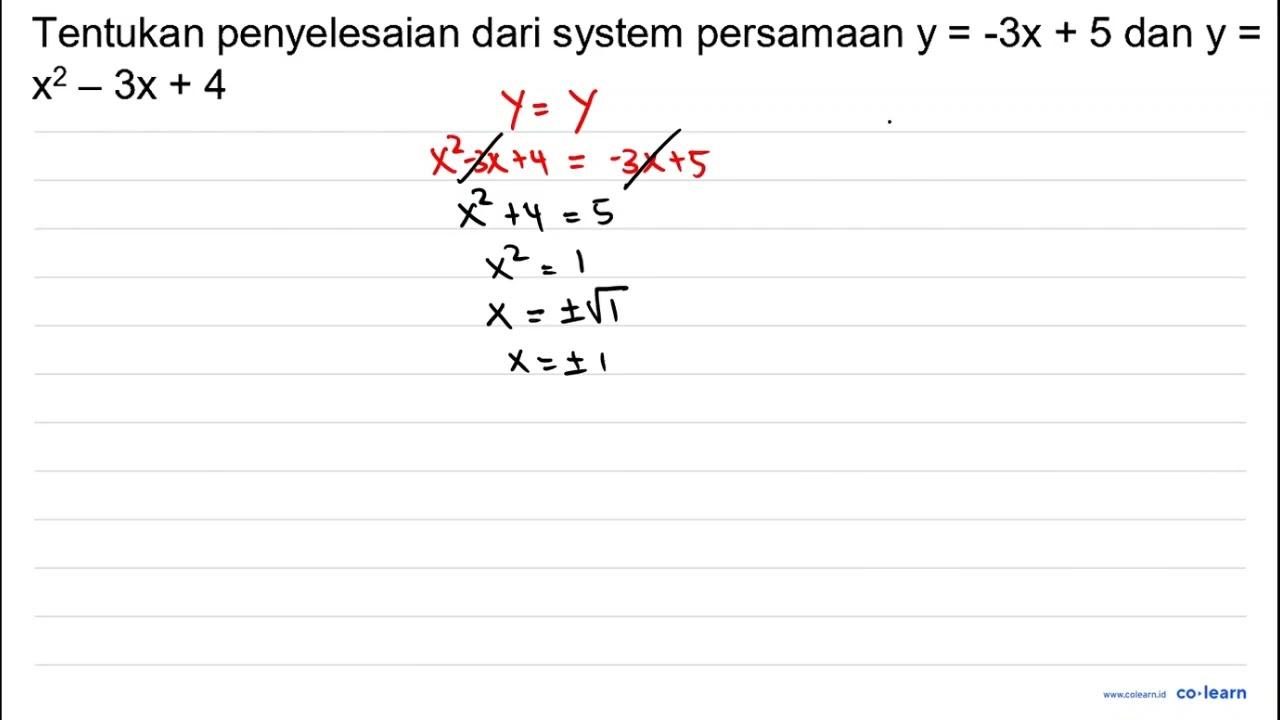 Tentukan penyelesaian dari system persamaan y=-3 x+5 dan y=