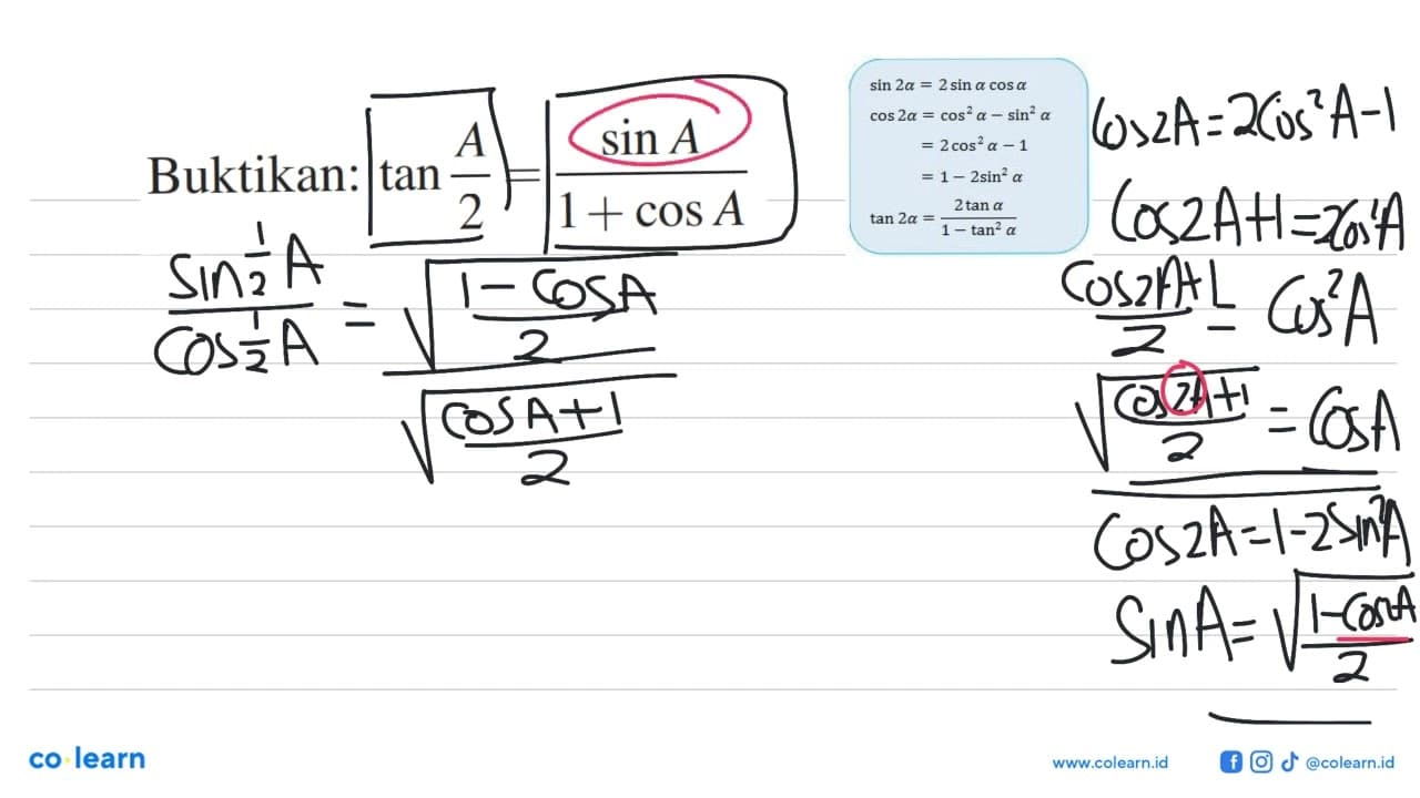 Buktikan: tan(A/2)=(sinA)/(1+cosA)