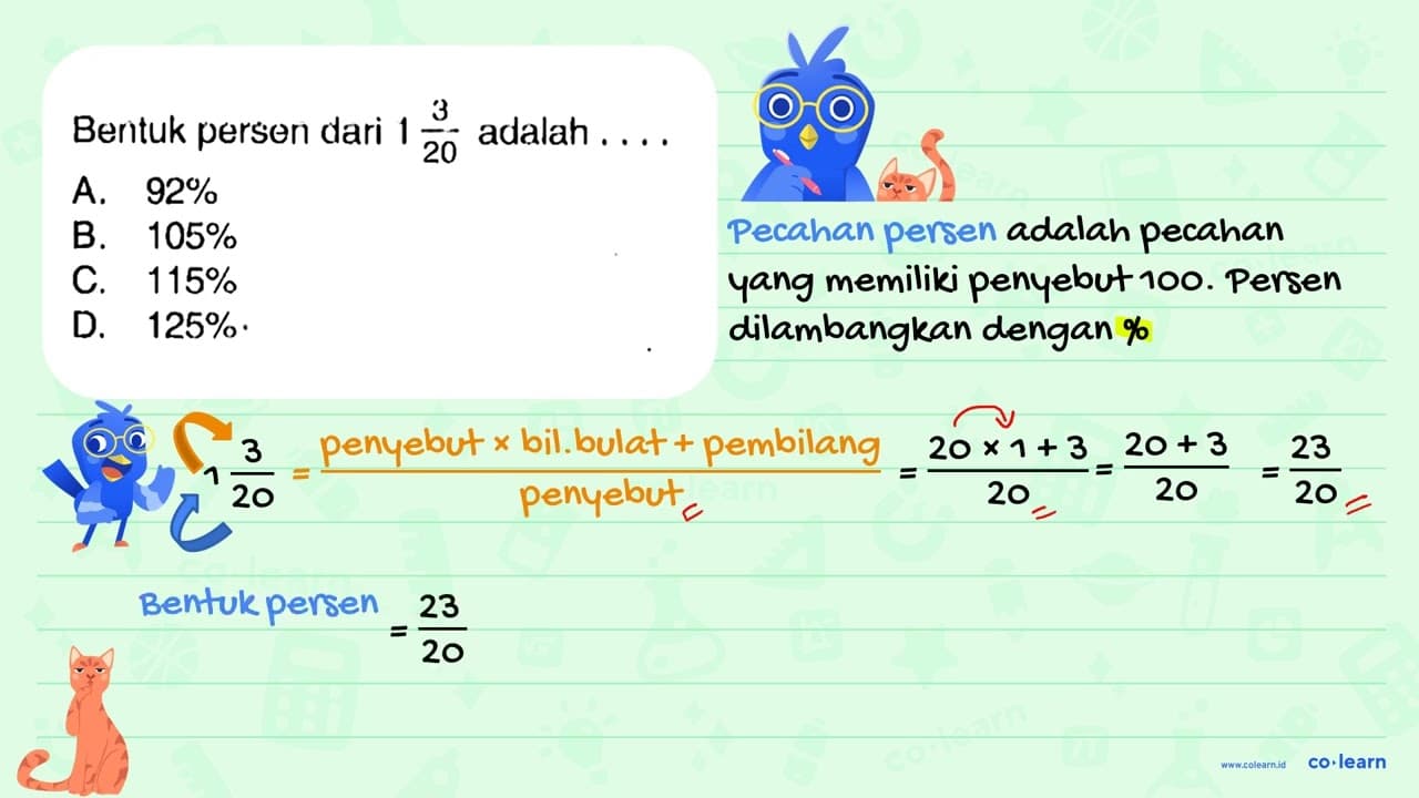 Bentuk persen dari 1 (3)/(20) adalah ... A. 92 % B. 105 %