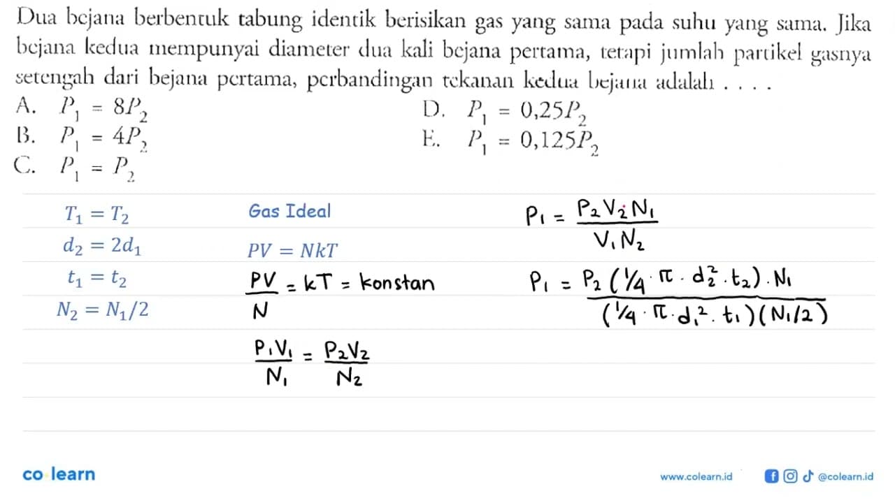 Dua bcjana berbencuk tabung identik berisikan gas yang sama