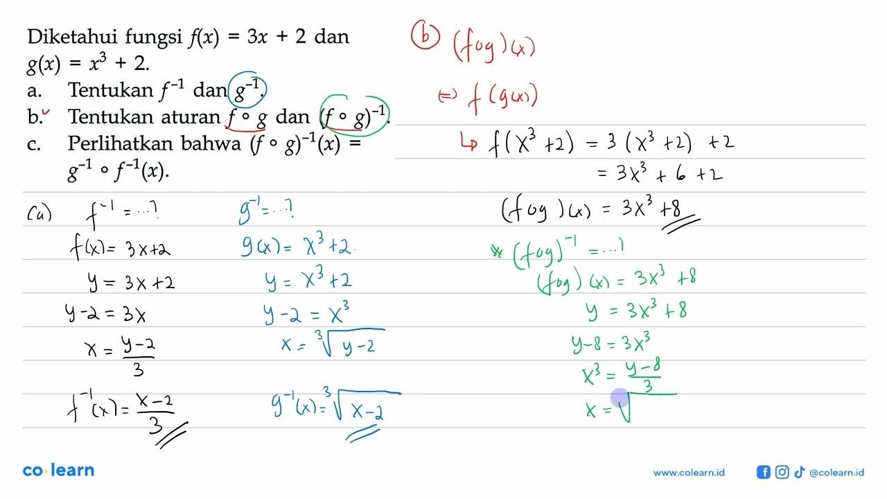 Diketahui fungsi f(x)=3 x+2 dan g(x)=x^3+2a. Tentukan f^-1