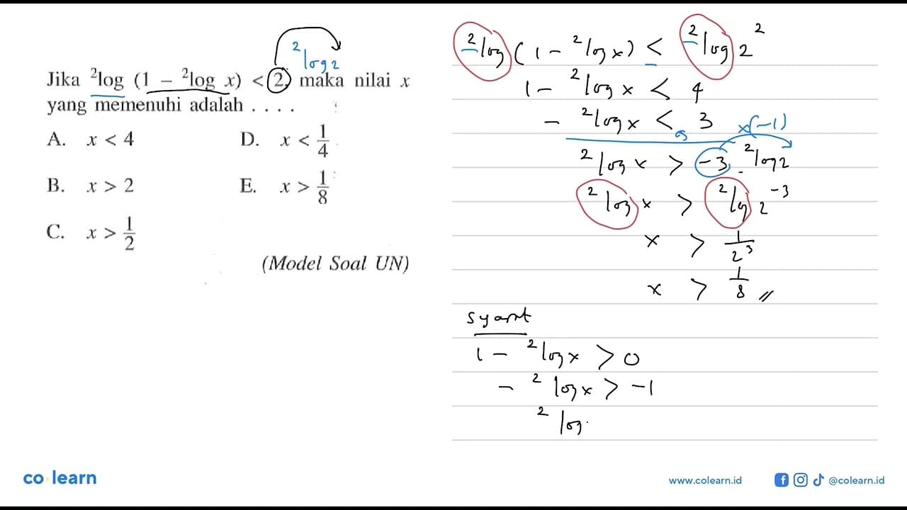 Jika 2log(1-2logx)<2, maka nilai x yang memenuhi adalah . .