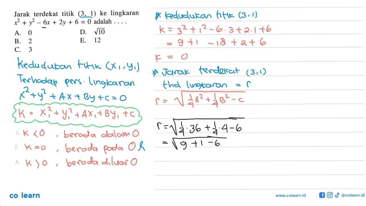 Jarak terdekat titik (3, 1) ke lingkaran x^2+y^2-6x+2y+6=0