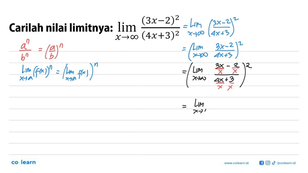 Carilah nilai limitnya: limit x mendekati tak hingga