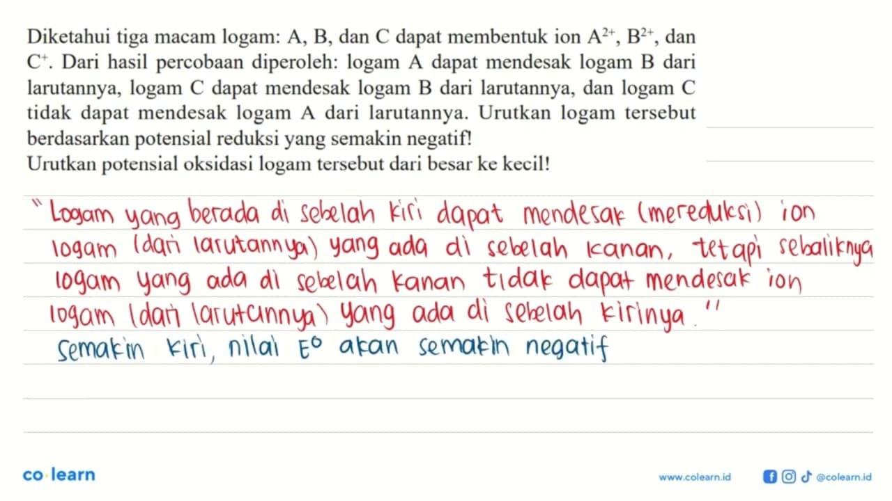 Diketahui tiga macam logam: A, B, dan C.dapat membentuk ion