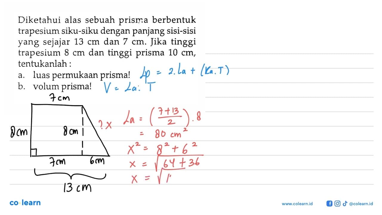 Diketahui alas sebuah prisma berbentuk trapesium siku-siku