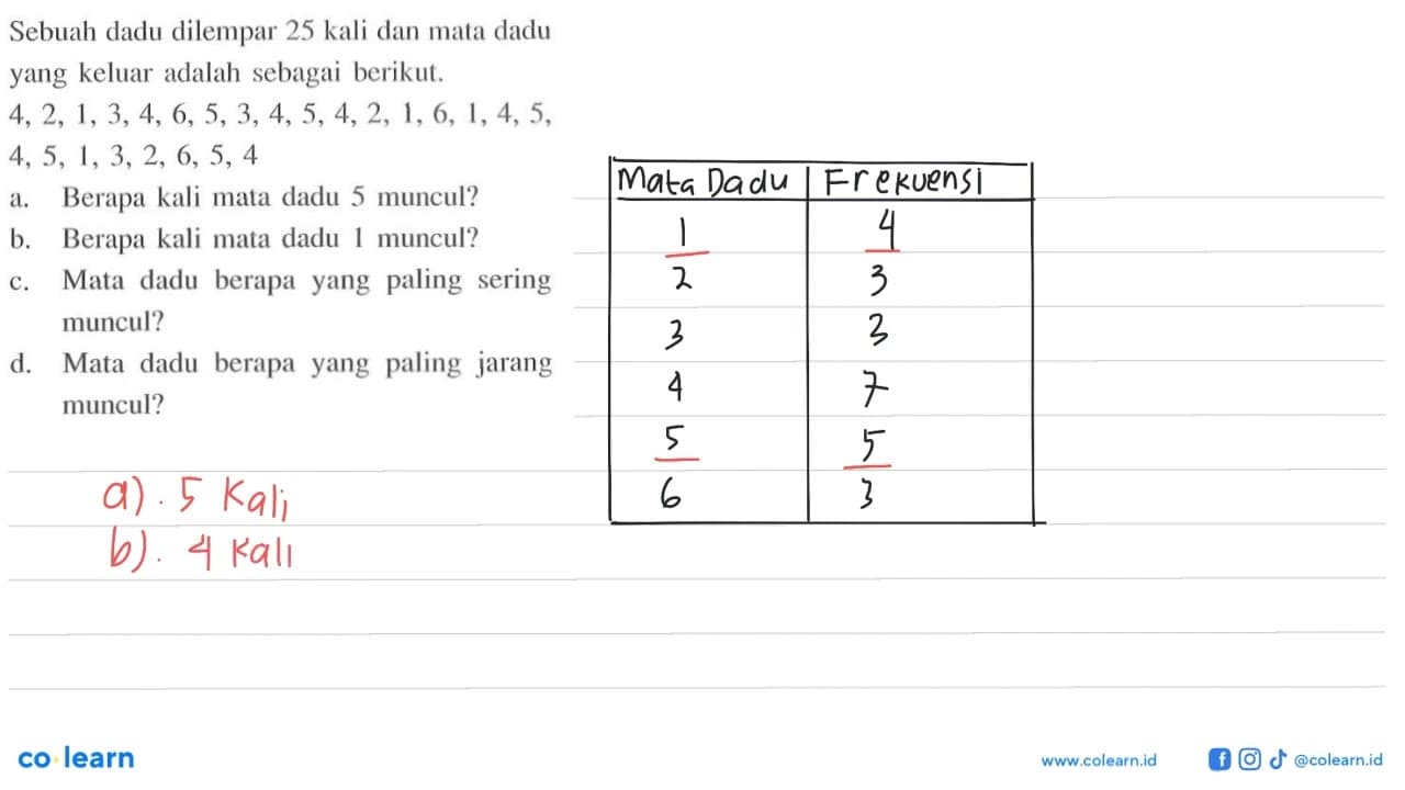 Sebuah dadu dilempar 25 kali dan mata dadu yang keluar