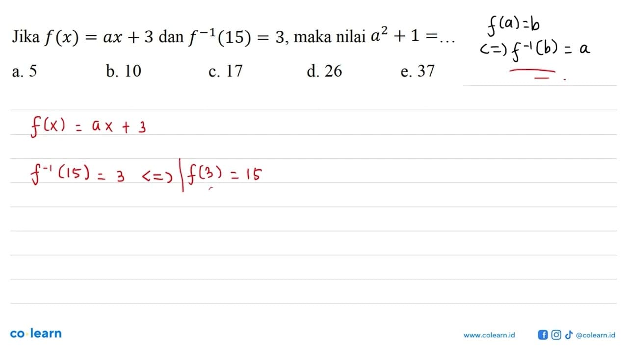 Jika f(x)=ax+3 dan f^(-1)(15)=3 , maka nilai a^2+1=...