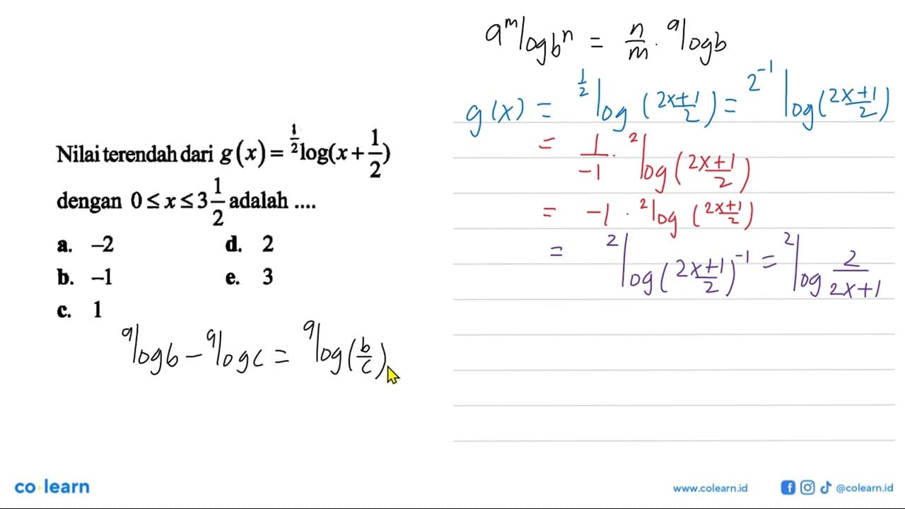 Nilai terendah dari g(x)=(1/2)log(x+(1/2)) dengan 0<=x<=3