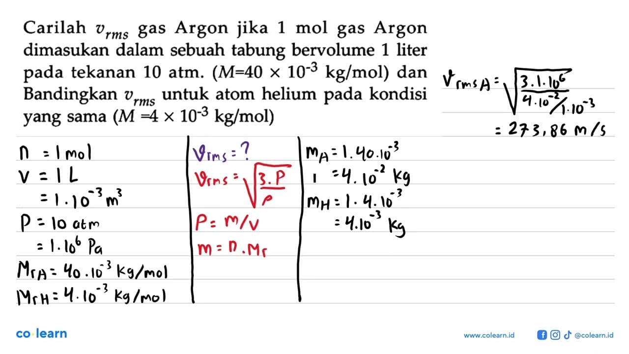 Carilah vrms gas Argon jika 1 mol gas Argon dimasukan dalam