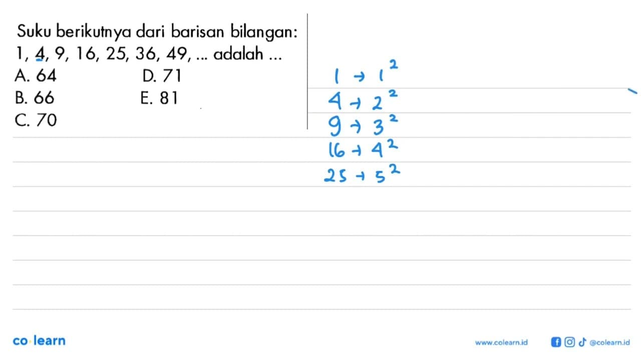 Suku berikutnya dari barisan bilangan: 1,4,9,16,25,36,49,