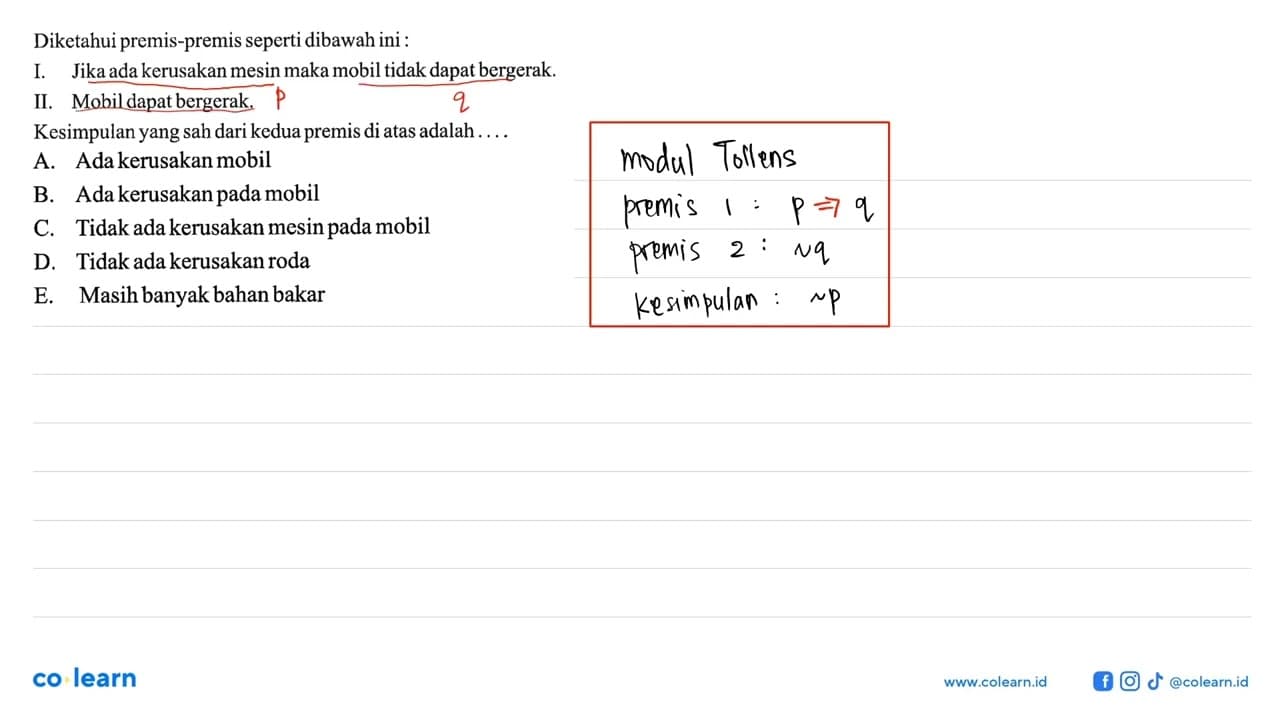 Diketahui premis-premis seperti dibawah ini: I. Jika ada