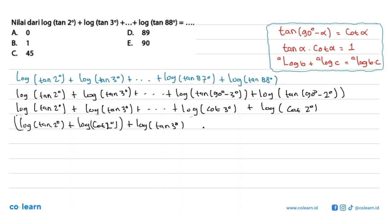 Nilai dari log(tan 2)+log(tan 3)+ ... +log(tan 88)= ...