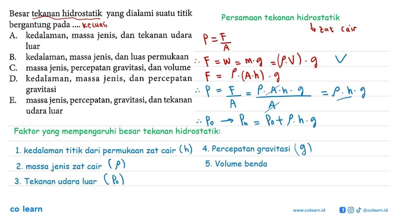 Besar tekanan hidrostatik yang dialami suatu titik