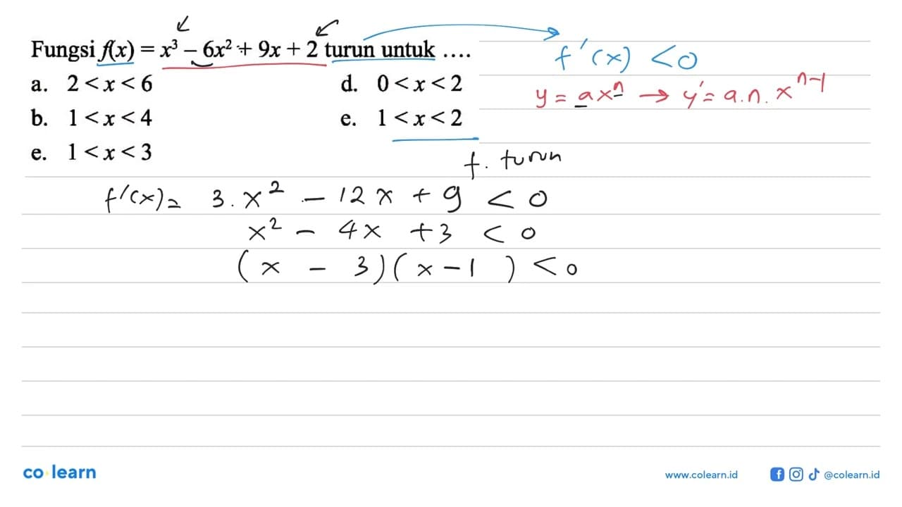 Fungsi f(x)=x^3-6x^2+9x+2 turun untuk ....