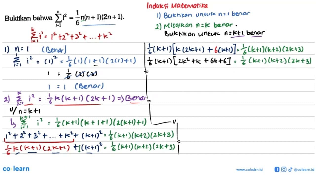 Buktikan bahwa sigma i=1 n i^2=1/6 n(n+1)(2n+1)