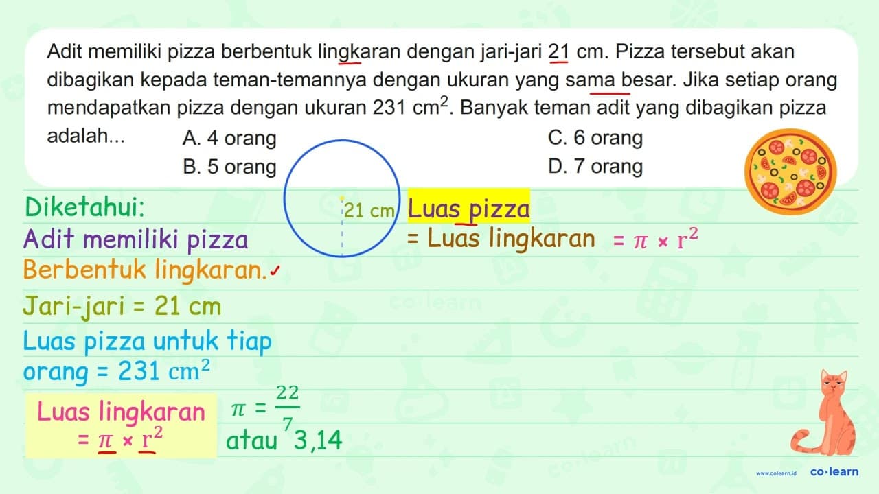 Adit memiliki pizza berbentuk lingkaran dengan jari-jari 21