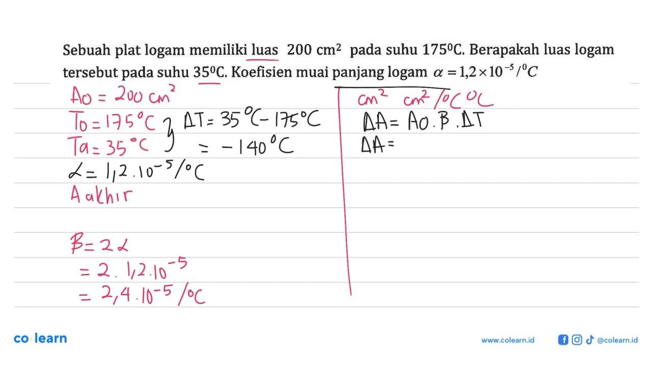 Sebuah plat logam memiliki luas 200 cm^2 suhu 175C,