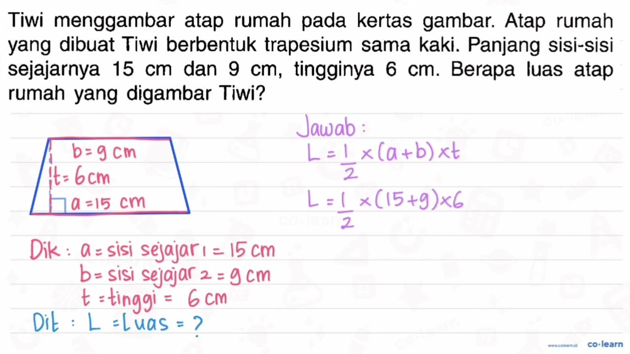 Tiwi menggambar atap rumah pada kertas gambar. Atap rumah